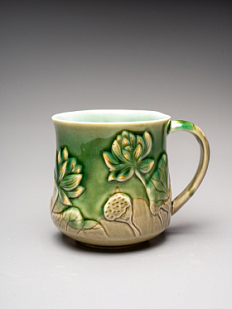 Кружка ручной работы «Лотос и карп», оливковая, фарфор, 430 мл