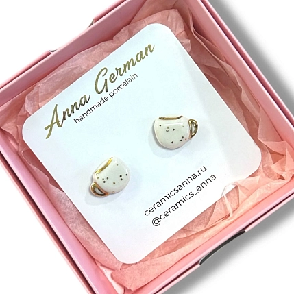 Серёжки-гвоздики Анна Герман «Кружечки в точку», фарфор, бело-золотистые, фото 3.