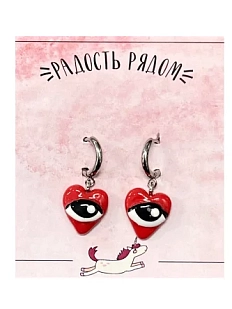 Серьги-конго Радость Рядом с подвеской «Сердечки с глазами», полимерная глина, красные