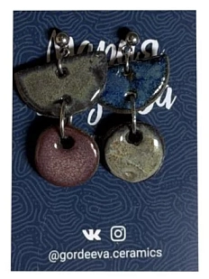 Серьги Мария Гордеева ассиметричные составные, керамика, коричневые с синим и фиолетовый