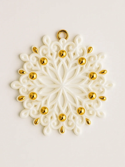 Игрушка новогодняя Фарфор Булыгина Bulygin «Снежинка», бело-золотистая, фото 1.