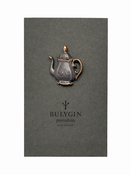 Брошь ручной работы Bulygin «Кофейник», фарфор, чёрно-золотистая, фото 2.