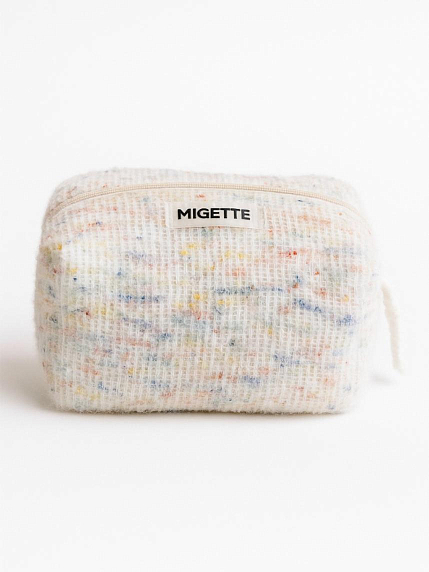 Вязаная косметичка ручной работы с карманом Migette, размер М, разноцветная с белым подкладом, фото 1.