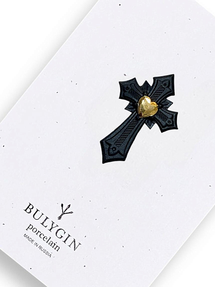 Брошь ручной работы Bulygin «Крест», фарфор, чёрно-золотистая, фото 2.