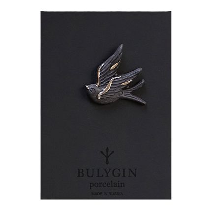 Брошь ручной работы Bulygin «Ласточка», фарфор, чёрно-серебристая, фото 2.