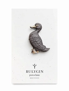 Брошь ручной работы Фарфор Булыгина «Уточка», чёрно-золотистая