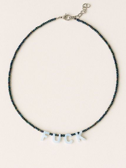 Чокер ручной работы с надписью перламутровыми бусинами «F*ck», бисер, зелёный, фото 2.