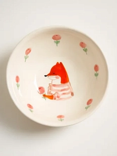 Тарелка глубокая ручной работы Ким керамика Лисёнок с клюквой, белая, фарфор, 12 см