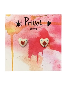 Серьги-гвоздики Звер ручной работы «Сердечко с красным цветочком», белый, керамика