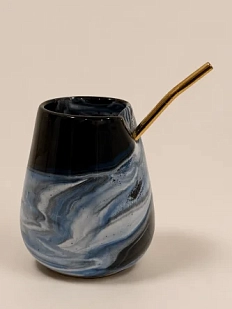 Стакан ручной работы с трубочкой с разводами Кафель «Исландия», чёрно-синий, керамика, 350 мл