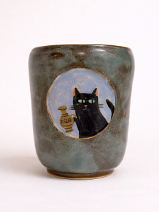 Стакан ручной работы Коврижка «Черный кот», керамика, лазурный