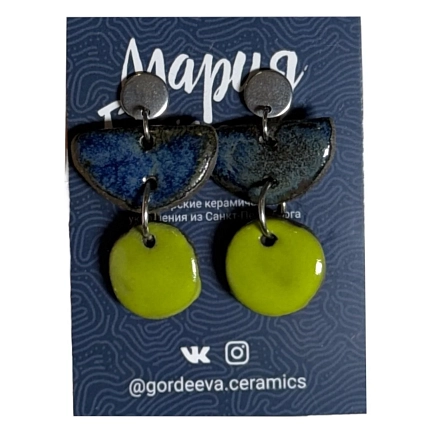 Серьги Мария Гордеева ассиметричные составные, керамика, синие с зелёным, фото 1.