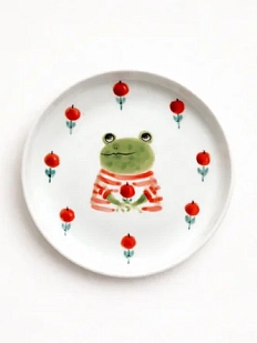 Тарелка ручной работы Ким керамика с бортиком Лягушка с красными ягодками, белая, фарфор, 13 см