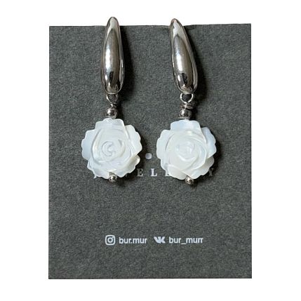 Серьги-конго «Flower», родированная латунь, перламутр, фото 2.