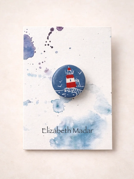 Брошь ручной работы Elizabeth Madar Маяк, круглая, красно-белый, керамика, фото 2.