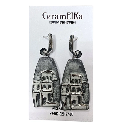 Серьги КерамЕлКа «Город», фарфор, серо-серебристые, фото 4.