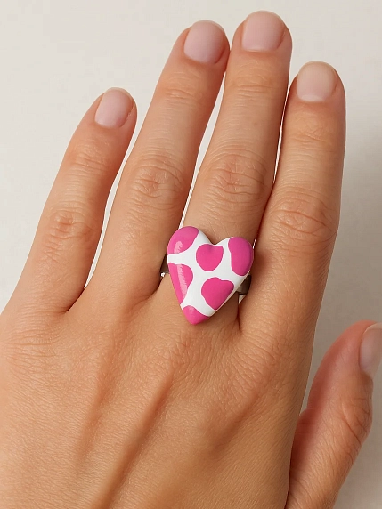 Кольцо Радость Рядом ручной работы с принтом «Сердце», розовое, незамкнутое, полимерная глина, фото 3.