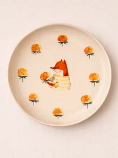 Тарелка ручной работы Ким керамика с бортиком Лисёнок с морошкой, белая, фарфор, 17 см