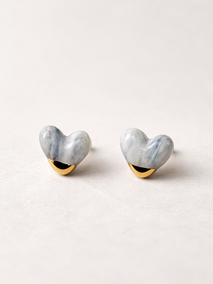 Серёжки-гвоздики Сердечки, фарфор, сине-золотистые, фото 3.