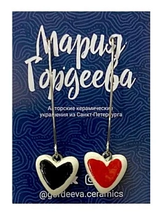 Серьги Мария Гордеева Сердечки, на длинной петле, керамика, чёрно-красные