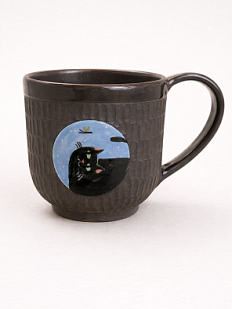 Кружка ручной работы Коврижка «Черный кот», керамика, серо-коричневая