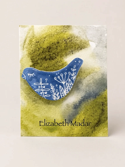 Брошь ручной работы Elizabeth Madar Голубка и травы, синий, керамика, фото 1.