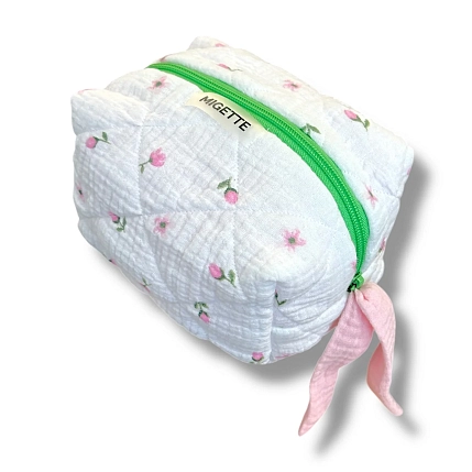 Косметичка ручной работы с карманом Мигетт, размер S, белая с цветами и розовым подкладом, фото 2.