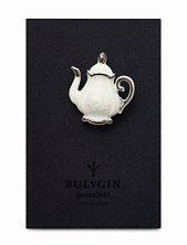 Брошь ручной работы Фарфор Булыгина «Кофейник», бело-серебристая