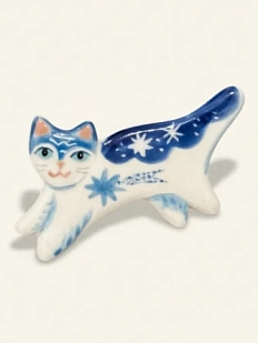 Брошь ручной работы Полина Гузеева «Котик со звёздами», синяя, фарфор