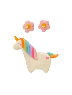 Набор украшений Радость Рядом ручной работы брошь «Единорог» и серёжки-гвоздики «Цветочки», полимерная глина