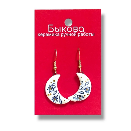 Серьги ручной работы Быкова керамика «Синие цветы»‎, полные полумесяцы, фарфор, фото 1.