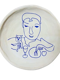 Тарелка ручной работы Антон тут рядом «Мальчик с кошкой», белая, керамика, 20 см