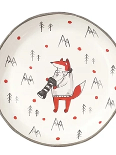 Тарелка ручной работы Ким керамика с бортиком Лис в горах с фотоаппаратом, белая, 13 см