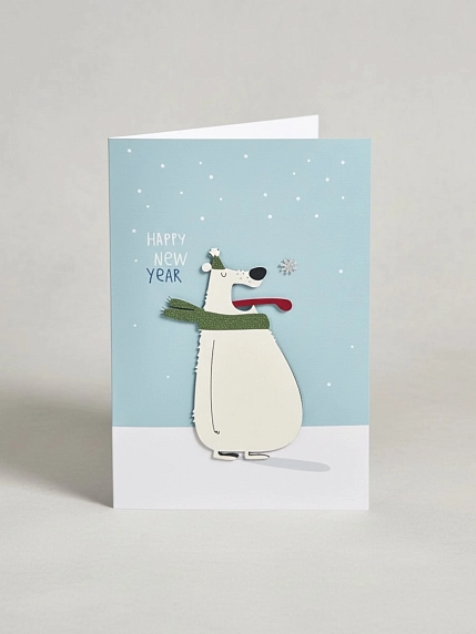 Открытка ВОЕ с деревянными элементами «Happy New Year c медведем», открывающаяся, фото 1.