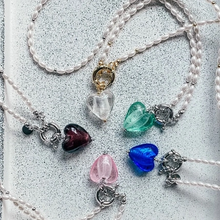 Колье ручной работы «Glass heart», прозрачное, латунь, жемчуг, стекло, фото 3.