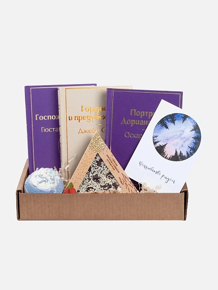 Подарочный набор с книгами «Госпожа Бовари», «Гордость и предубеждение», «Портрет Дориана Грея», бомбочкой для ванны и шоколадом, фото 1.