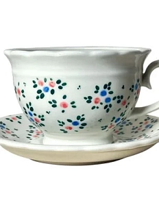 Чайная пара ручной работы Slowday Ceramics в синие и красные розочки «Винтаж», полуфарфор, 250 мл