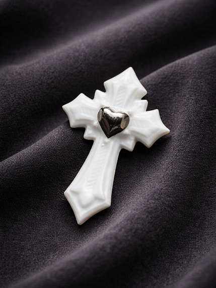 Брошь ручной работы Bulygin «Крест», бело-серебристая, фарфор, фото 3.