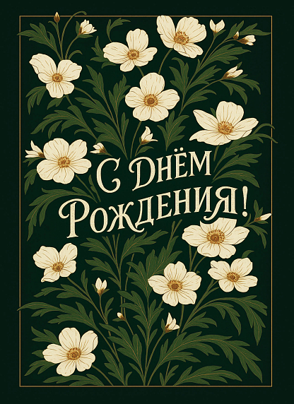 Открытка с бежевыми цветами «С Днём рождения!», зеленая, фото 1.