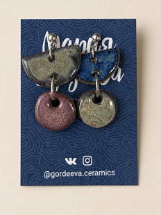 Серьги Мария Гордеева ассиметричные составные, керамика, коричневые с синим и фиолетовый