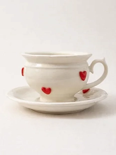 Чайная пара ручной работы Slowday Ceramics в красные сердечки «Винтаж», полуфарфор, 250 мл