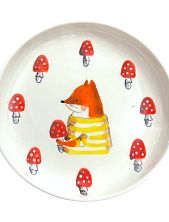 Тарелка ручной работы Ким керамика с бортиком Лисёнок с мухоморами, белая, фарфор, 13 см