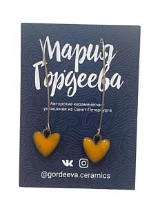 Серьги на длинной петле Сердечки, керамика, оранжевые