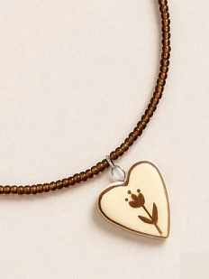 Чокер ручной работы Ловетанн керамика с сердечком «Цветок», полуфарфор, бисер, коричневый, белый