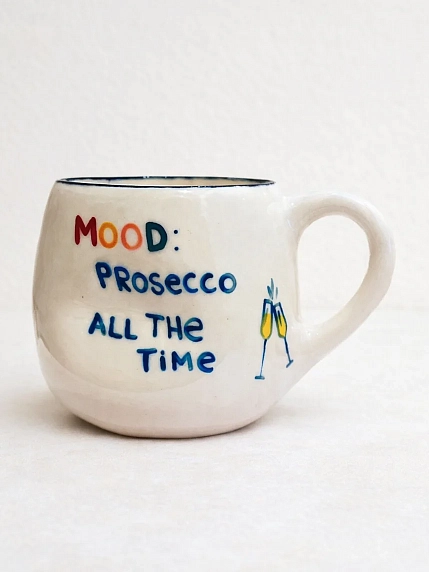 Кружка ручной работы РУКИ В ГЛИНЕ «Mood: prosecco all the time», синяя, керамика, 400 мл, круглая, фото 1.
