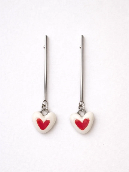 Серьги Мария Гордеева Сердечки, на длинной петле, керамика, красно-белые, фото 2.