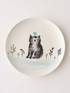 Тарелка ручной работы с бортиком Чёрный котик с птичкой, белая, фарфор, 16 см