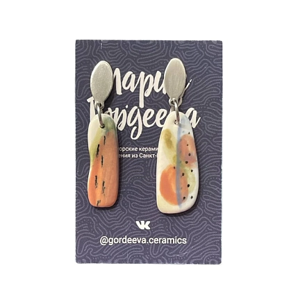 Серьги Мария Гордеева асимметричные составные, керамика, оранжево-зелёные, фото 2.