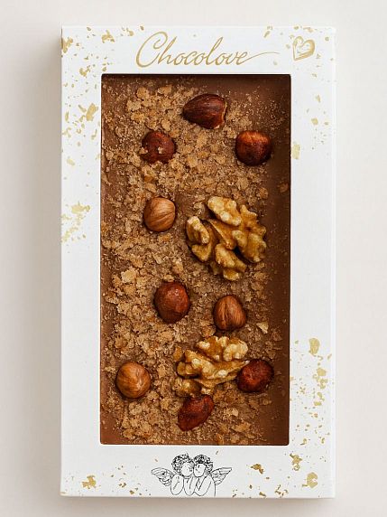 Шоколад молочный с грецким орехом, фундуком, вишней и вафельной крошкой, фото 1.