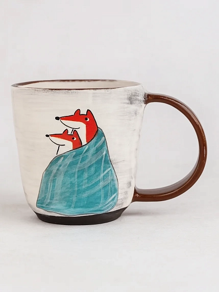 Кружка ручной работы Ким керамика с росписью Пара лисичек в одеяле, 350 мл, белая, фото 5.